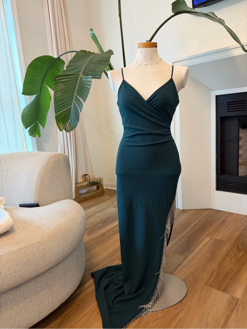 Elegant Teal Slip Dress with Side Fringe